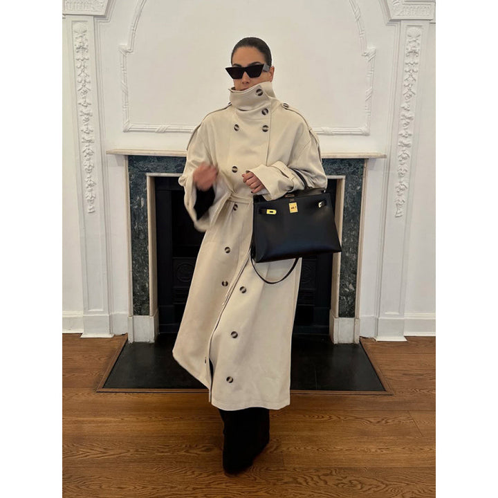 Women's Long Oversized Trench Coat with High Stand Collar, Bell Sleeves and Tie Belt Amarae
