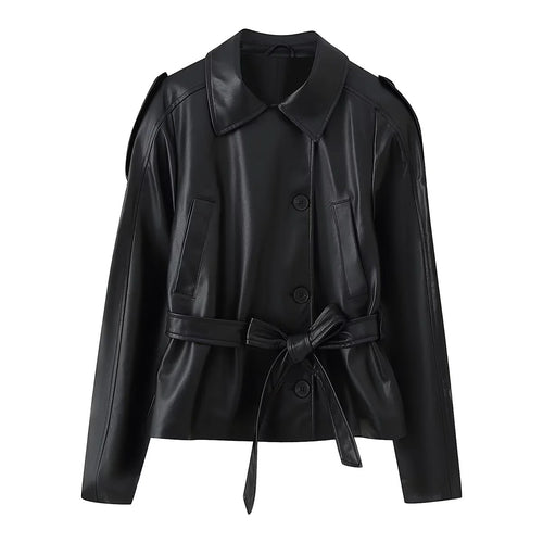 Faux leather jacket for women with elegant button details and a chic belt design