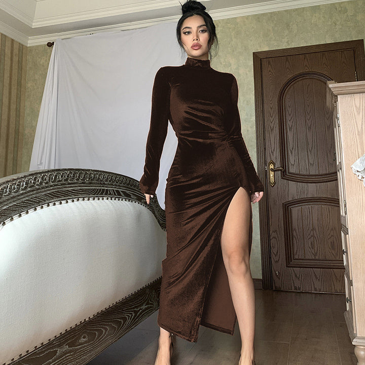 Women Elegant Velvet Maxi Dress with High Split and Standing Collar Lune London