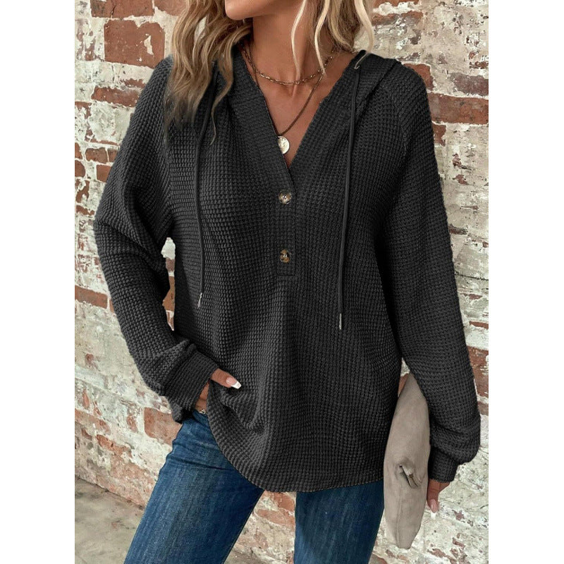 Women Waffle Knit Hoodie with Henley Button Placket and Oversized Cut Amarae