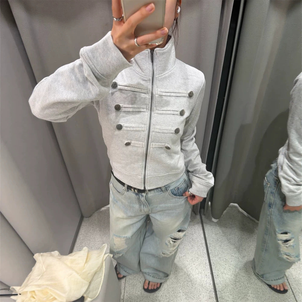 Women Short-Cut Sweat Jacket in Military Look with Stand-Up Collar Amarae