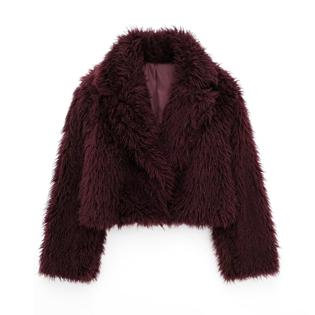 Ladies Short Boxy Plush Jacket in Shaggy Look with Dropped Lapel Amarae