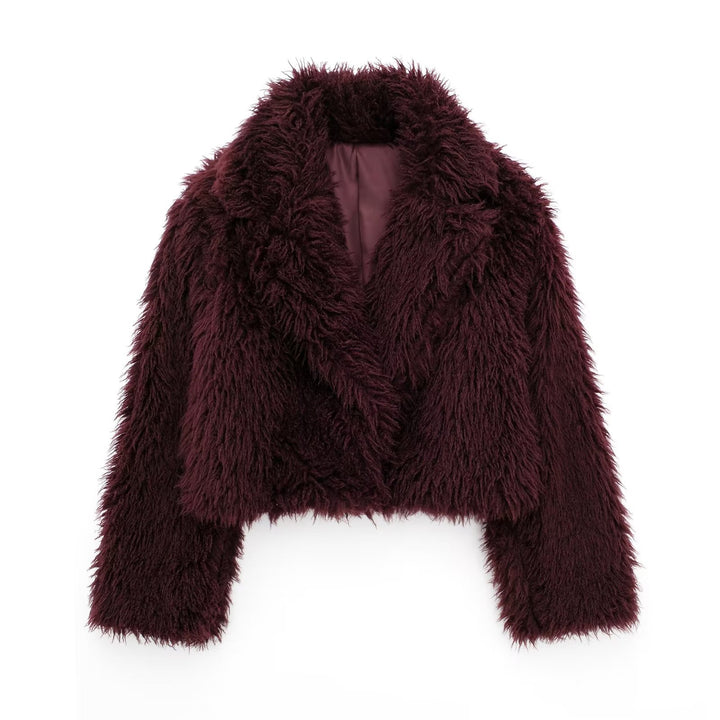 Ladies Short Boxy Plush Jacket in Shaggy Look with Dropped Lapel Amarae