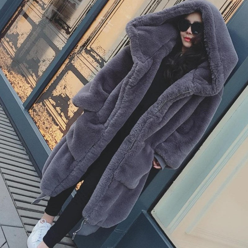 Oversized faux fur coat for women with hood and pockets Lune London