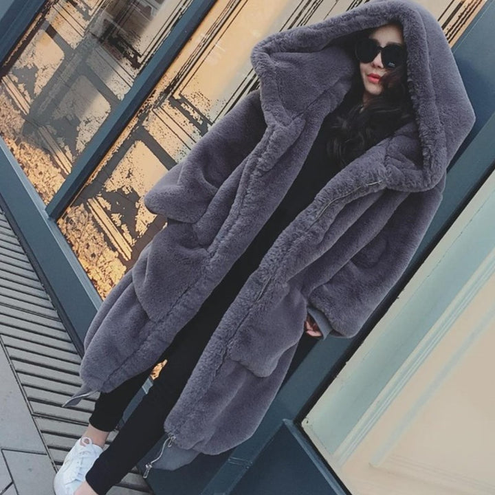 Oversized faux fur coat for women with hood and pockets Lune London