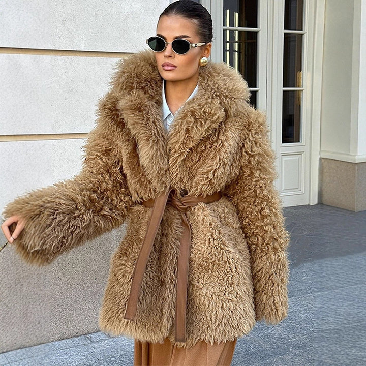 Women’s short coat made of voluminous bouclé faux fur with wrap and waist belt Amarae