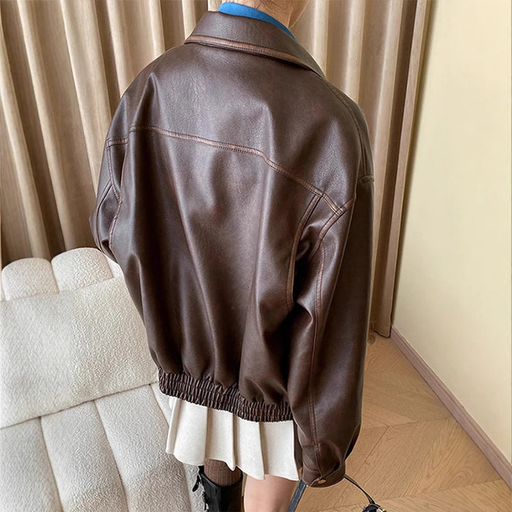 Women's Oversized Faux Leather Bomber Jacket with Shirt Collar, Zipper and Snap Button Cuffs Amarae