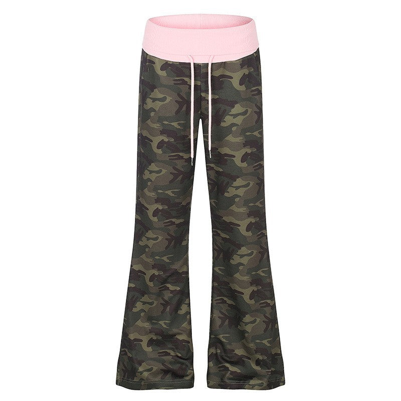 Women's Palazzo lounge pants with high rolled waistband, drawstring, and camouflage pattern Amarae