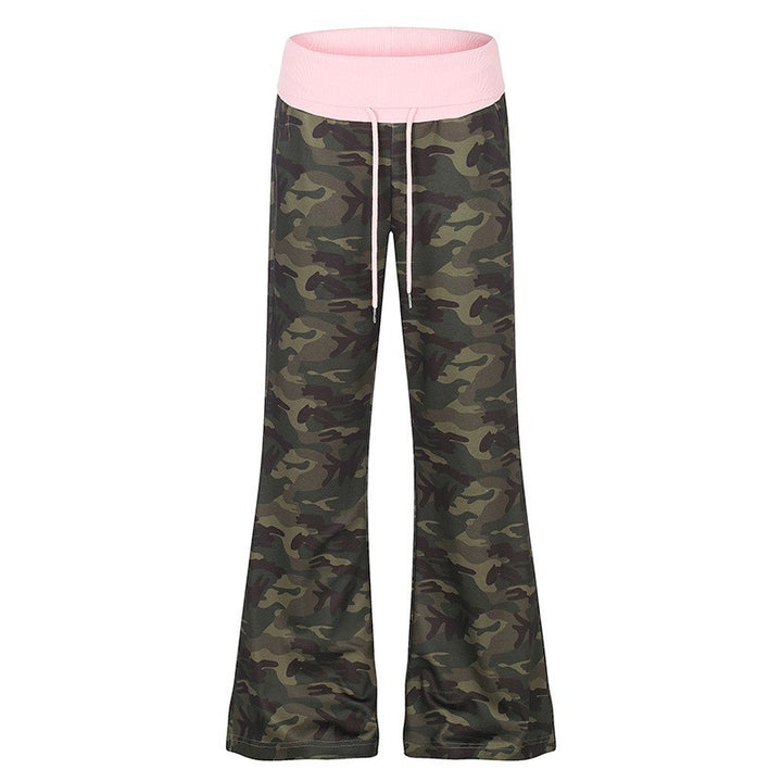 Women's Palazzo lounge pants with high rolled waistband, drawstring, and camouflage pattern Amarae