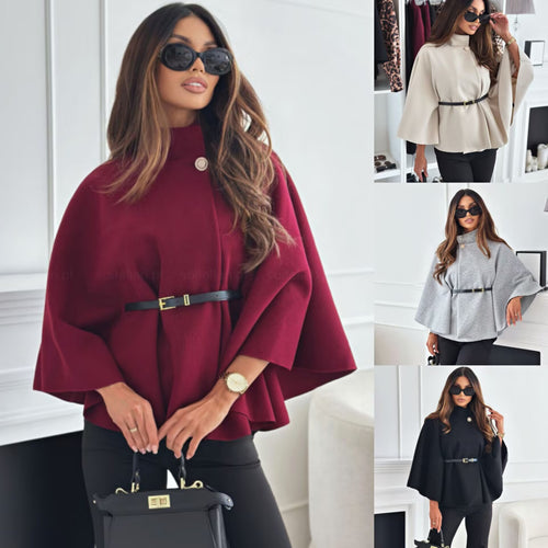 Elegant and fashionable women's cape-coat with textured fabric belt Amarae