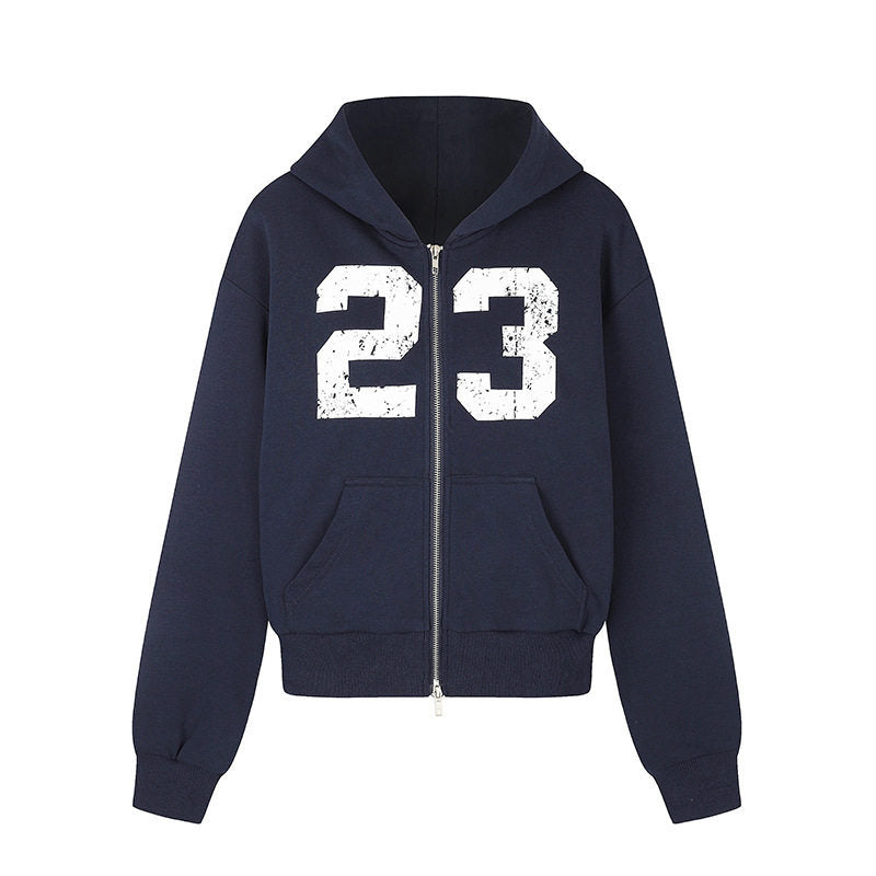 Women's Hooded Sweat Jacket in Retro Sports Style with Used Front Print and Kangaroo Pockets Amarae