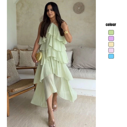Women Ruffled Maxi Dress with Asymmetric Design and Elegant Halter Top