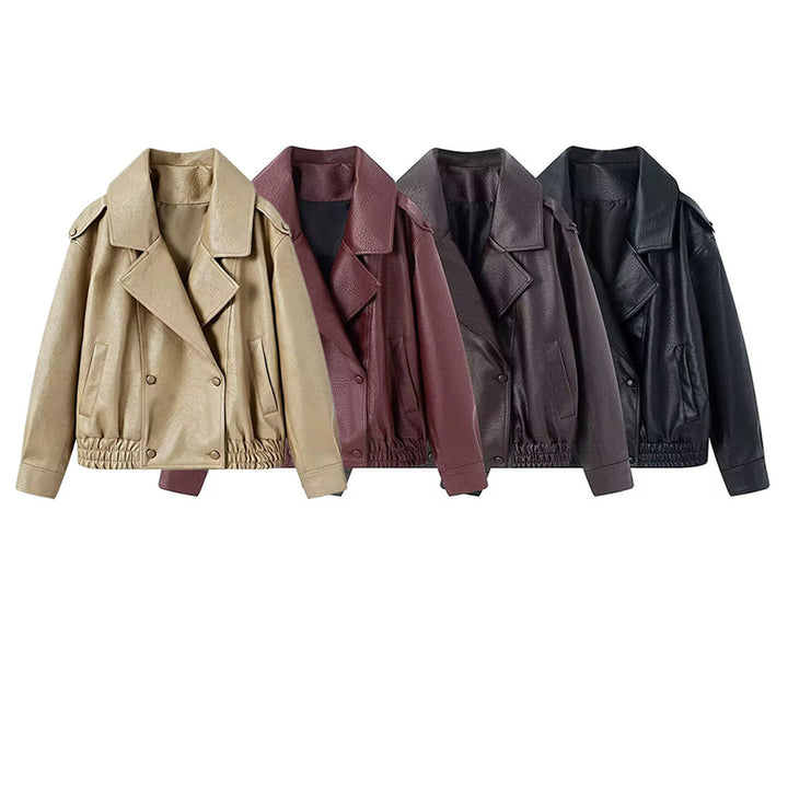 Women's Faux Leather Bomber Jacket with Large Faux Fur Collar Amarae