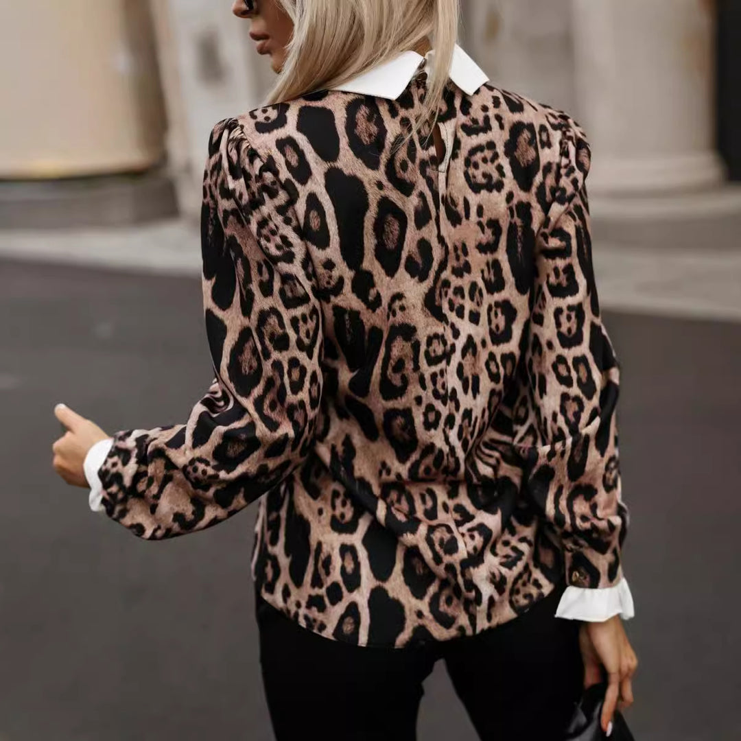 Fashionable women's blouse with a trendy leopard print and elegant collar embellishment Lune London