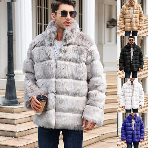 Trendy faux fur jacket for men with high collar and practical pockets Amarae