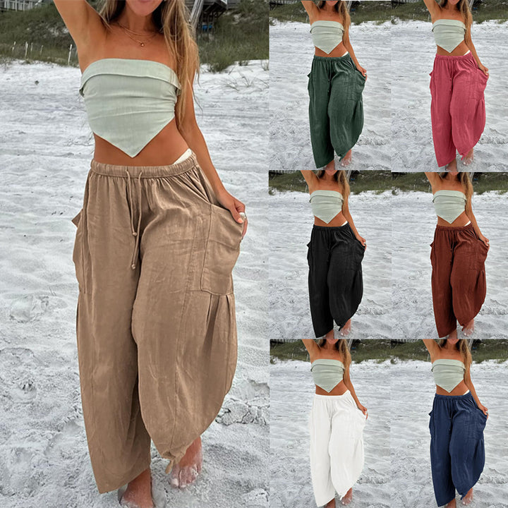Comfortable linen pants for ladies with practical side pockets Lune London