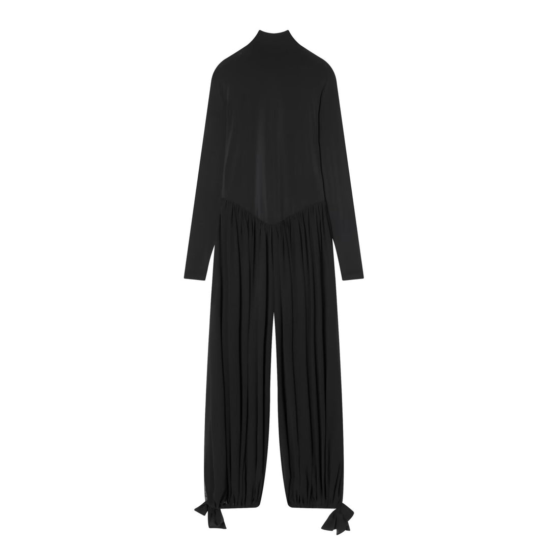 Women's jumpsuit with stand-up collar, wide pleated pant leg and ankle ties Amarae