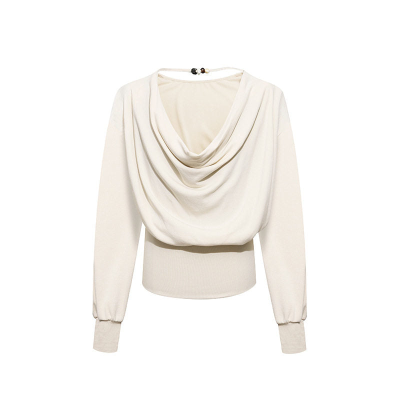 Women Draped Long Sleeve Top with Waterfall Collar, Open Back Strap and Fitted Ribbed Hem Amarae