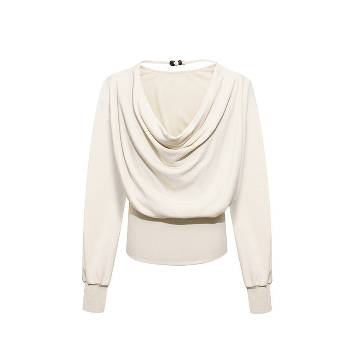 Women Draped Long Sleeve Top with Waterfall Collar, Open Back Strap and Fitted Ribbed Hem Amarae