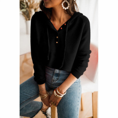 Amarae | Women's Loose Fit Knit Texture Button Details Adjustable Hood