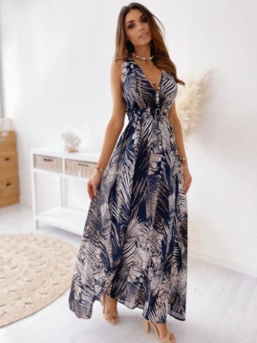 Maxi dress for women with tropical print and draped front detail Lune London
