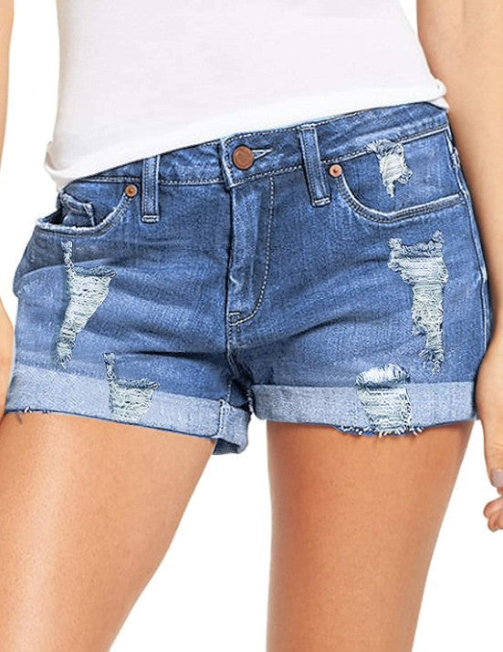 Women Destroyed Denim Shorts in Casual Leisure Style Lune London