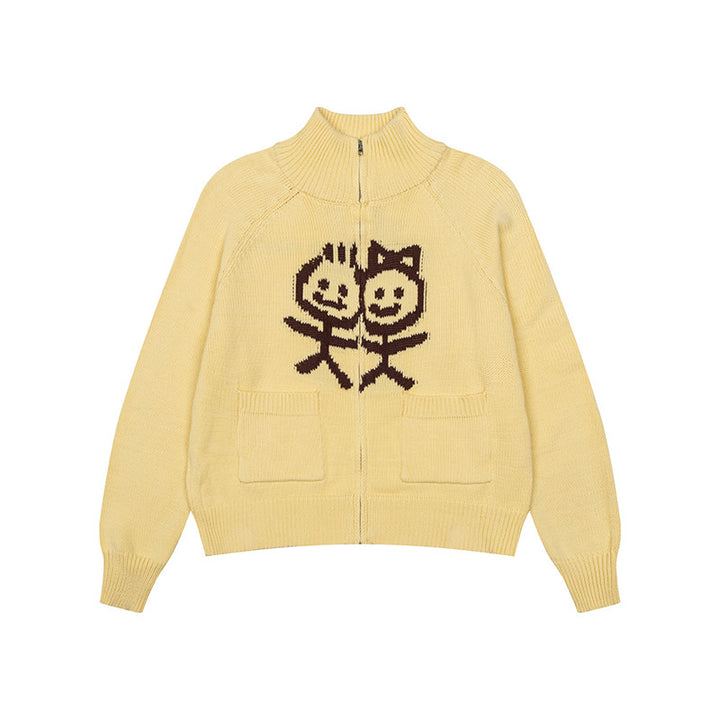 Women's chunky knit zip cardigan with stand-up collar, patch pockets and cartoon intarsia Amarae