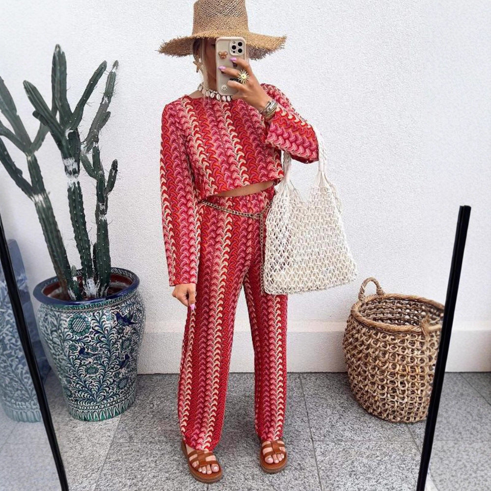 Women's Crocheted Two-Piece Lounge Set with Short Sweater and High-Waisted Palazzo Pants Amarae