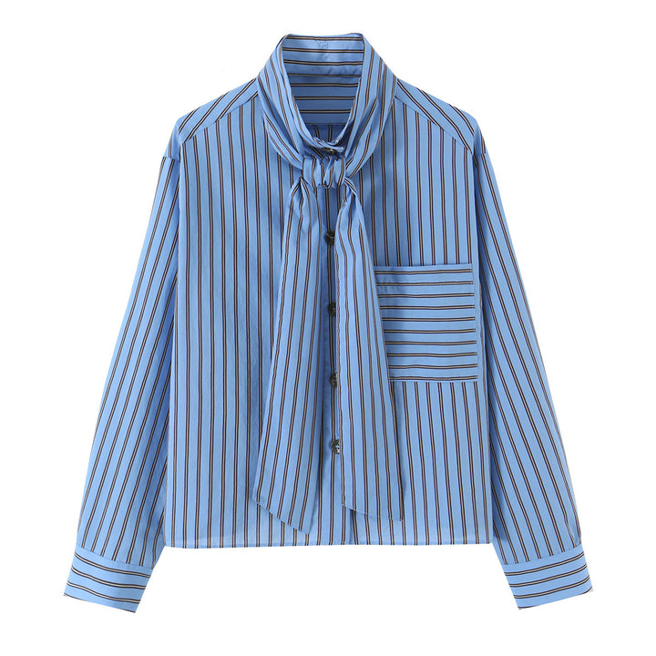 Women Striped Bow Blouse with Chest Pocket and Continuous Button Placket Amarae