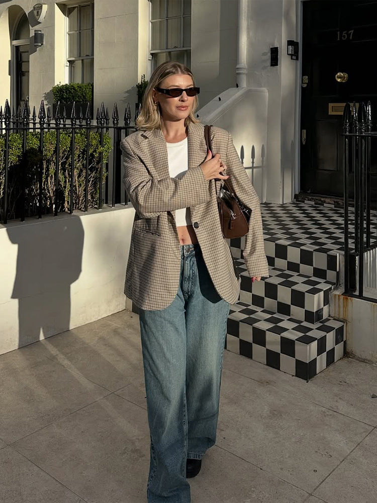 Women Oversize Glencheck Blazer with boxy silhouette and patch pockets Amarae