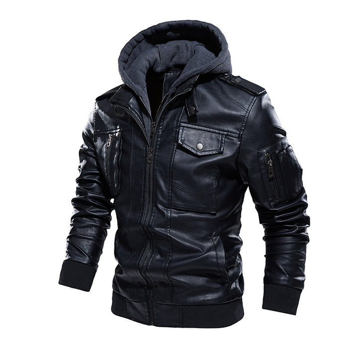 Elegant and comfortable leather jacket for men with removable hood Lune London
