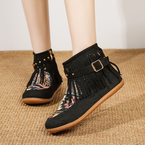 Short fringe boots for women made of high-quality fabric with a colorful ethnic pattern Amarae