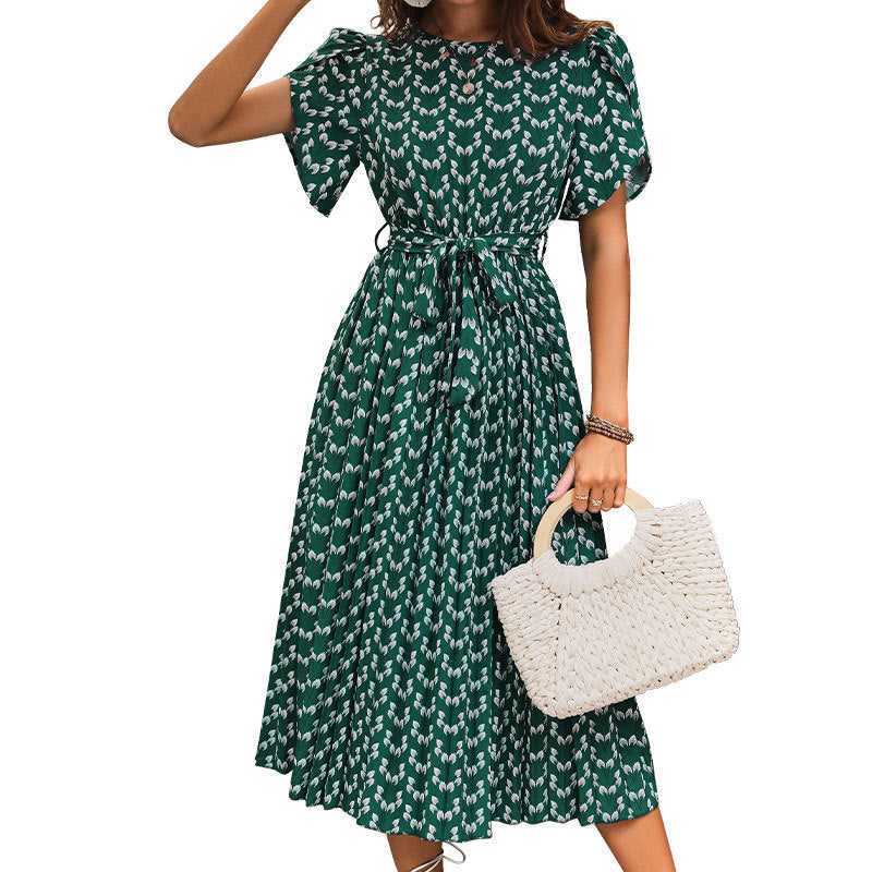 Midi dress for women with a belt at the waist and puff sleeves Lune London