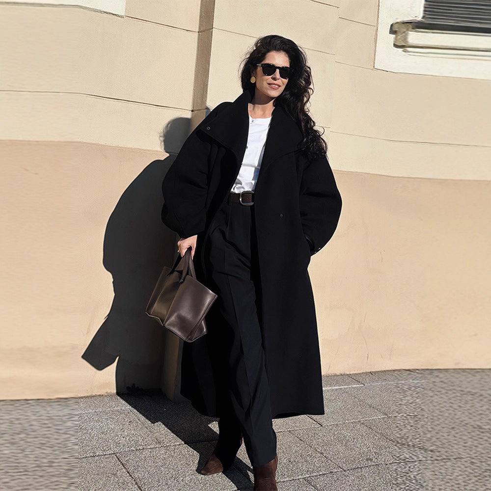 Women's Oversize Cocoon Coat with High Stand-Up Collar and Concealed Button Placket Amarae