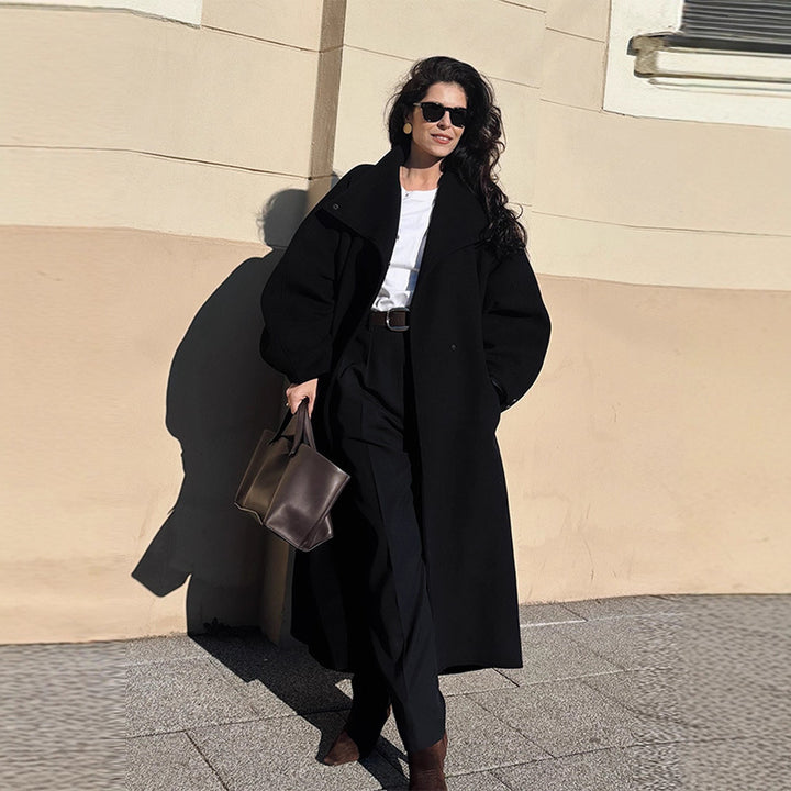 Women's Oversize Cocoon Coat with High Stand-Up Collar and Concealed Button Placket Amarae