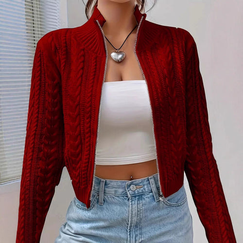 Trendy zip-up women's knit jacket with rich detail structure Amarae