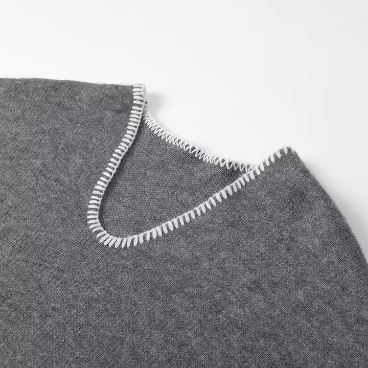 Women Short V-neck Knit Sweater with Patch Pockets and Decorative Stitch Amarae