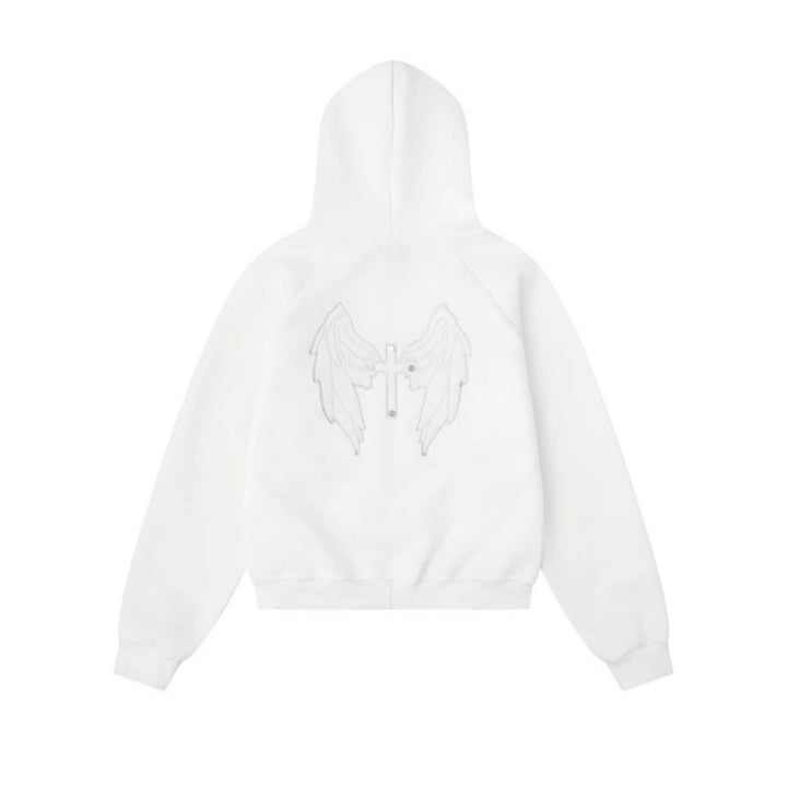 Women's hooded sweat jacket with lacing, metal eyelets, and long zipper Amarae
