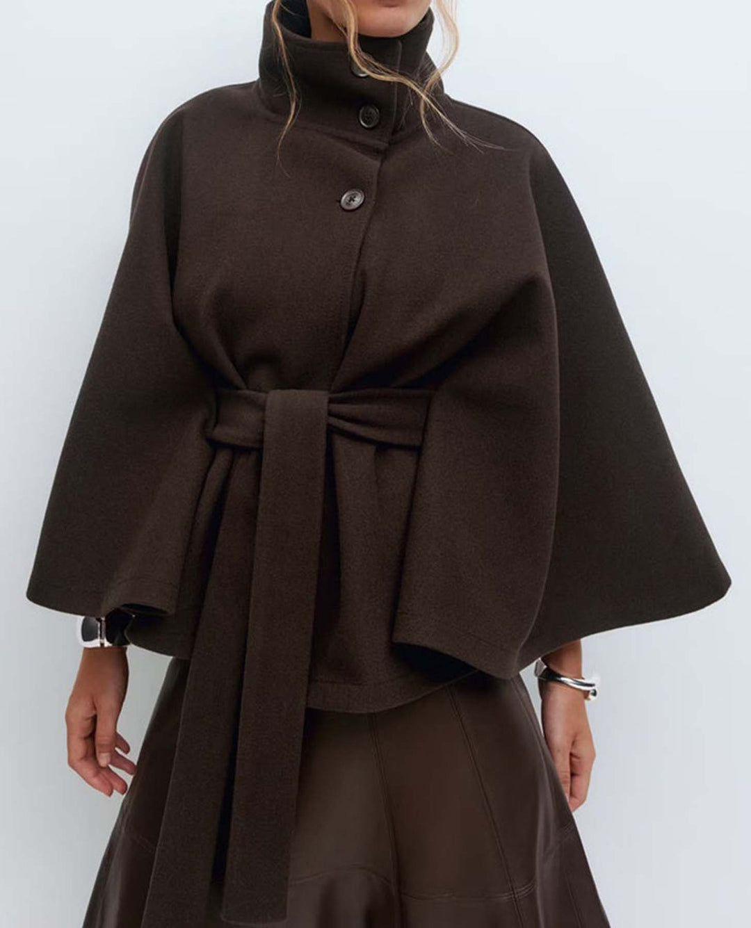 Women's Short Cape Coat with Stand-Up Collar, Oversized Sleeves and Tie Belt Amarae