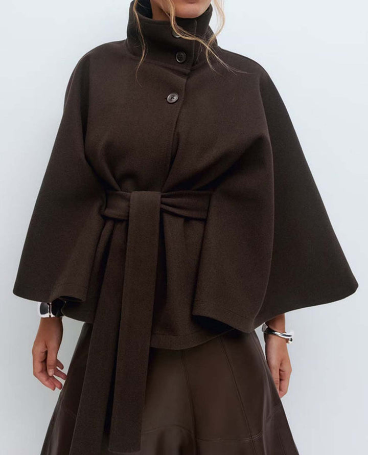 Women's Short Cape Coat with Stand-Up Collar, Oversized Sleeves and Tie Belt Amarae
