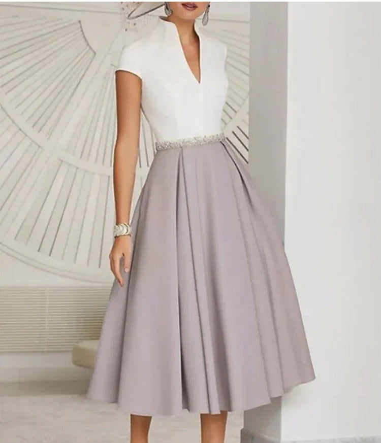 Lune London | White Color Block V Neck Flared Summer Dress