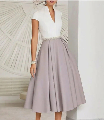 Amarae | White Color Block V-Neck Flared Summer Dress