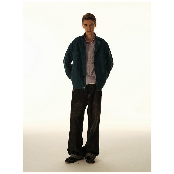 Men's Loose Canvas Overshirt with Stand-Up Collar, Patch Pockets and Distinctive Stitching Details Amarae