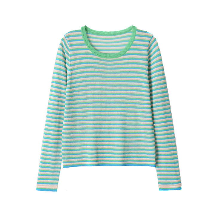 Women Striped Fine Knit Long Sleeve Shirt with Round Neckline and Figure Flattering Silhouette Amarae