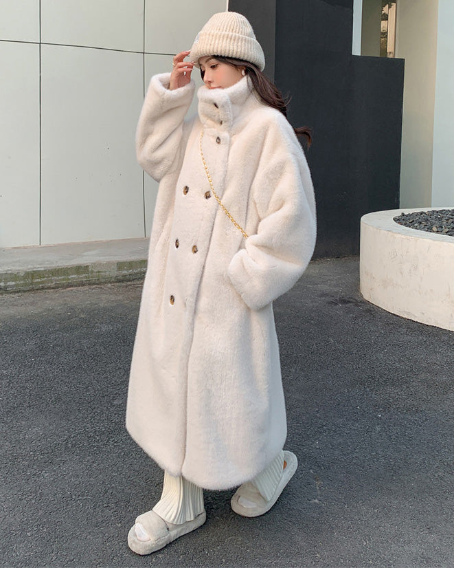 Lune London | Collar Double Breasted Faux Mink Fur Long Coat