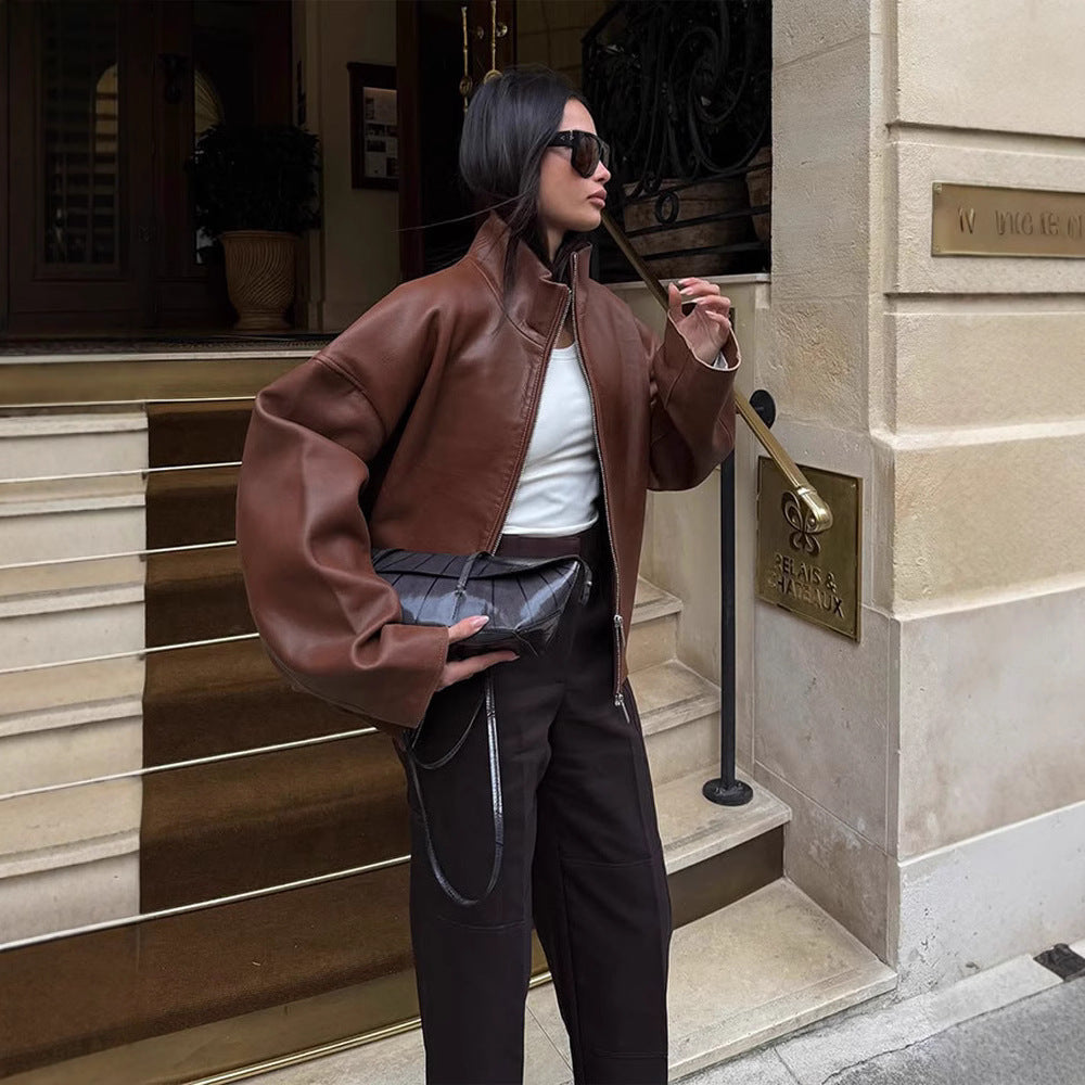 Women's Oversized Leather Blouson with Soft Teddy Lining and Concealed Zipper