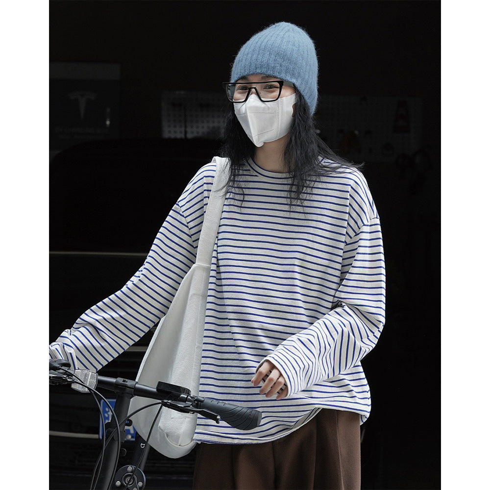 Women Oversized Striped Long Sleeve from Cotton Jersey with Round Neck Amarae
