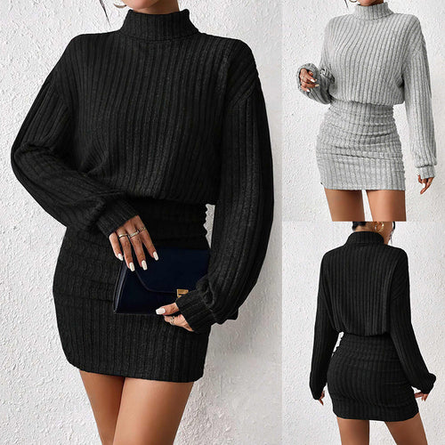Knit dress for women with high collar and ribbed texture Amarae