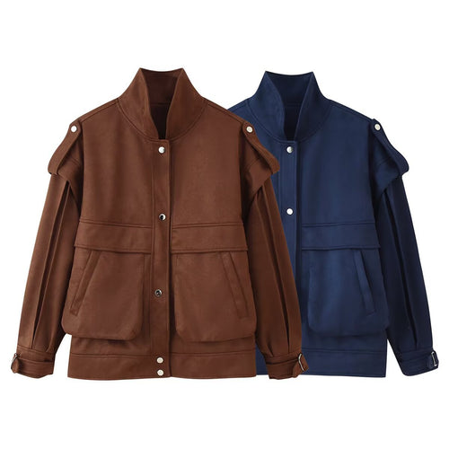 Ladies Trendy Utility Jacket with High Collar and Practical Chic Pockets and Style