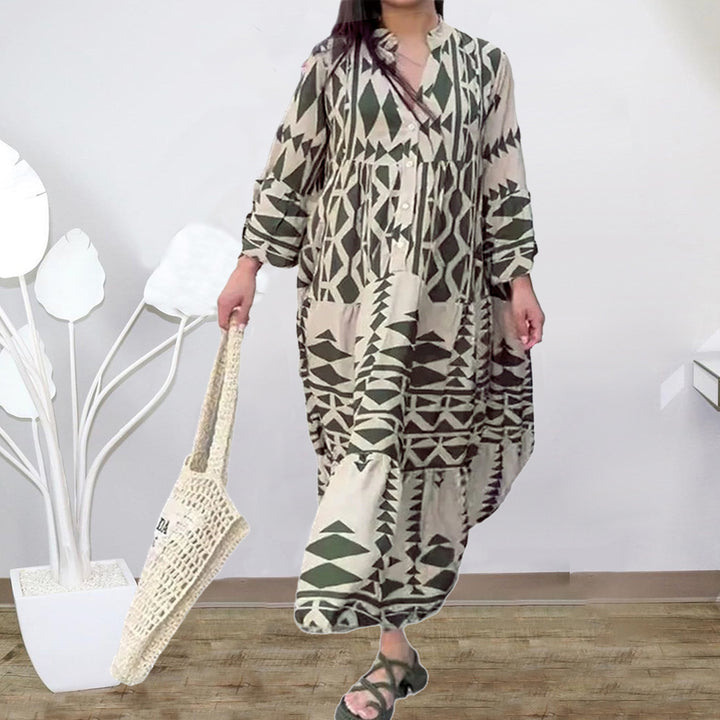 Women's Loose Maxi Dress in Boho Style with Graphic Print, V-Neck and Button Placket Amarae